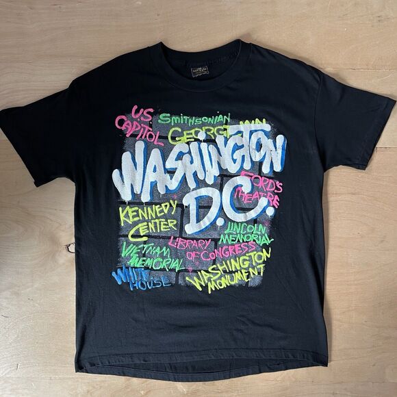 Vintage Washington DC Shirt Large Black 80s DMV Spray Paint Graffiti Memorial - Picture 2 of 7